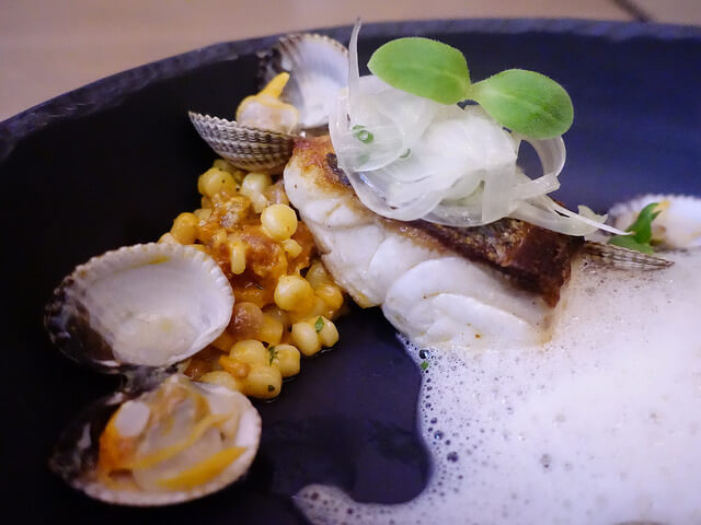 Wild Sea Bass with Fregola & Chistorra, Fennel Salad with Cockles & Garam Masala Sauce